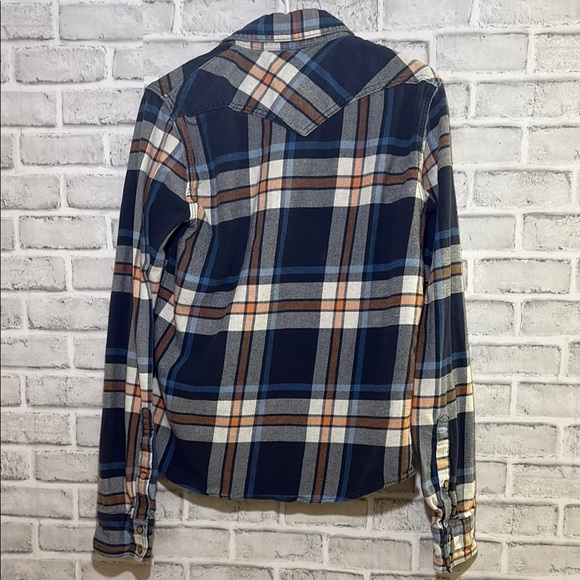 Hollister button-down flannel shirt, men's size LG, orange & blue, snap buttons - Picture 4 of 7